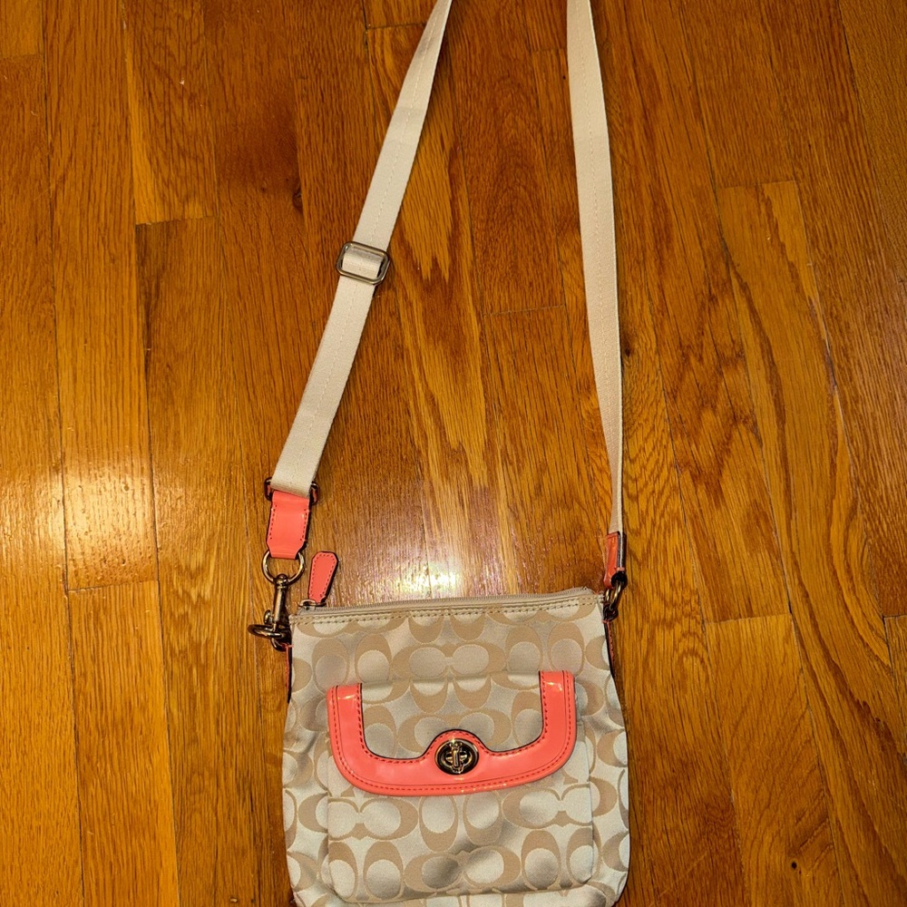 Coach Cream and Pink Crossbody Bag with Signature Monogram